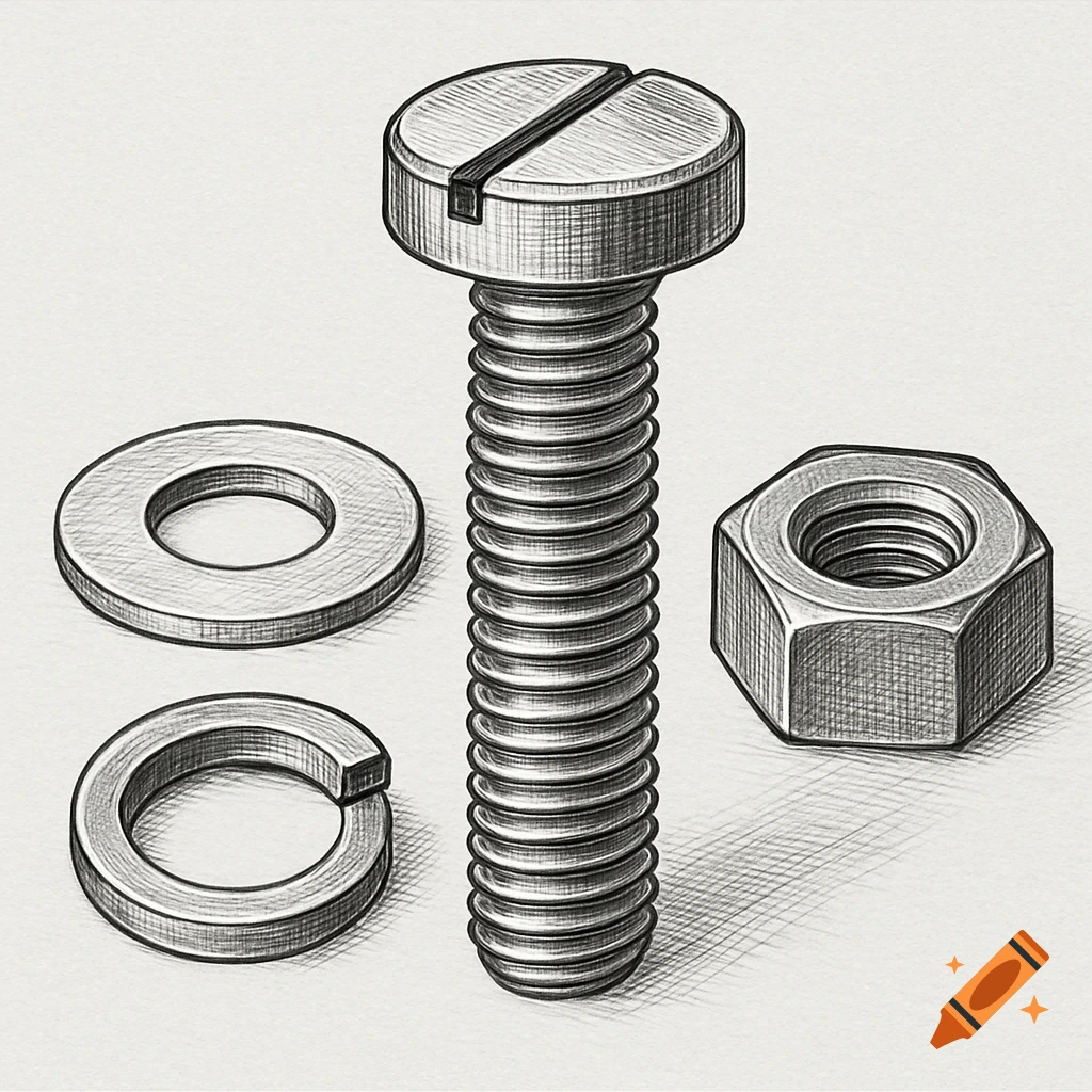 Grayscale schematic illustration of a screw, a flat washer, a split lock washer, and a hexagonal nut.