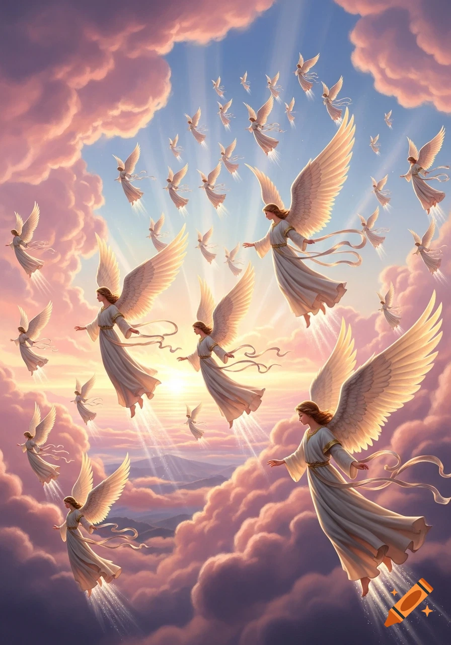 Numerous angels with large white wings fly amidst pink and purple clouds under a bright, radiant sky, bathed in golden light.