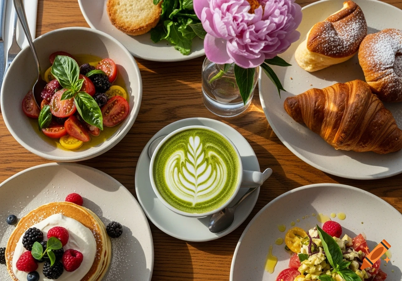 Overhead shot of a hyperrealistic brunch spread on a wooden table, featuring pancakes with berries, two salads, pastries, and a matcha latte.