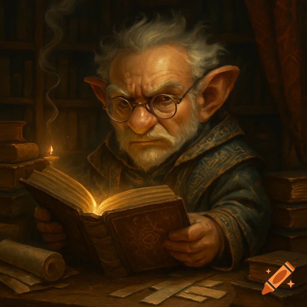 A gnomish scholar with spectacles reads a magically glowing ancient tome in a dark, book-filled study. Digital painting.