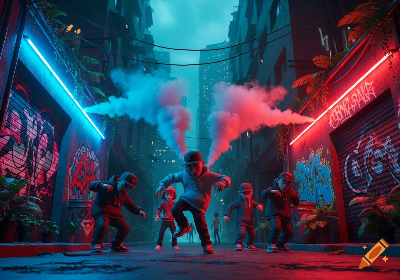 Stylized illustration of five young breakdancers in an urban alley, illuminated by blue and red neon lights and smoke, with graffiti walls.