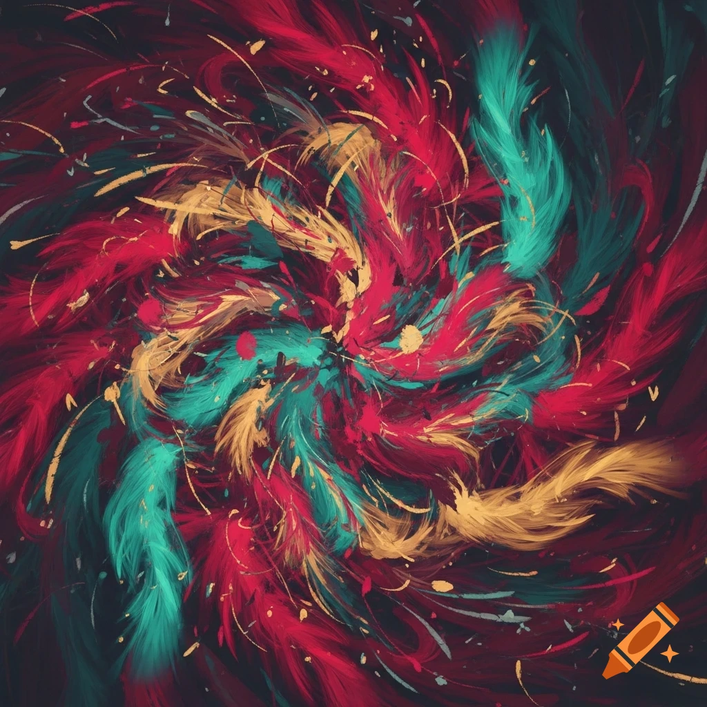 Vibrant abstract art with swirling brushstrokes in red, teal, and gold on a dark background.