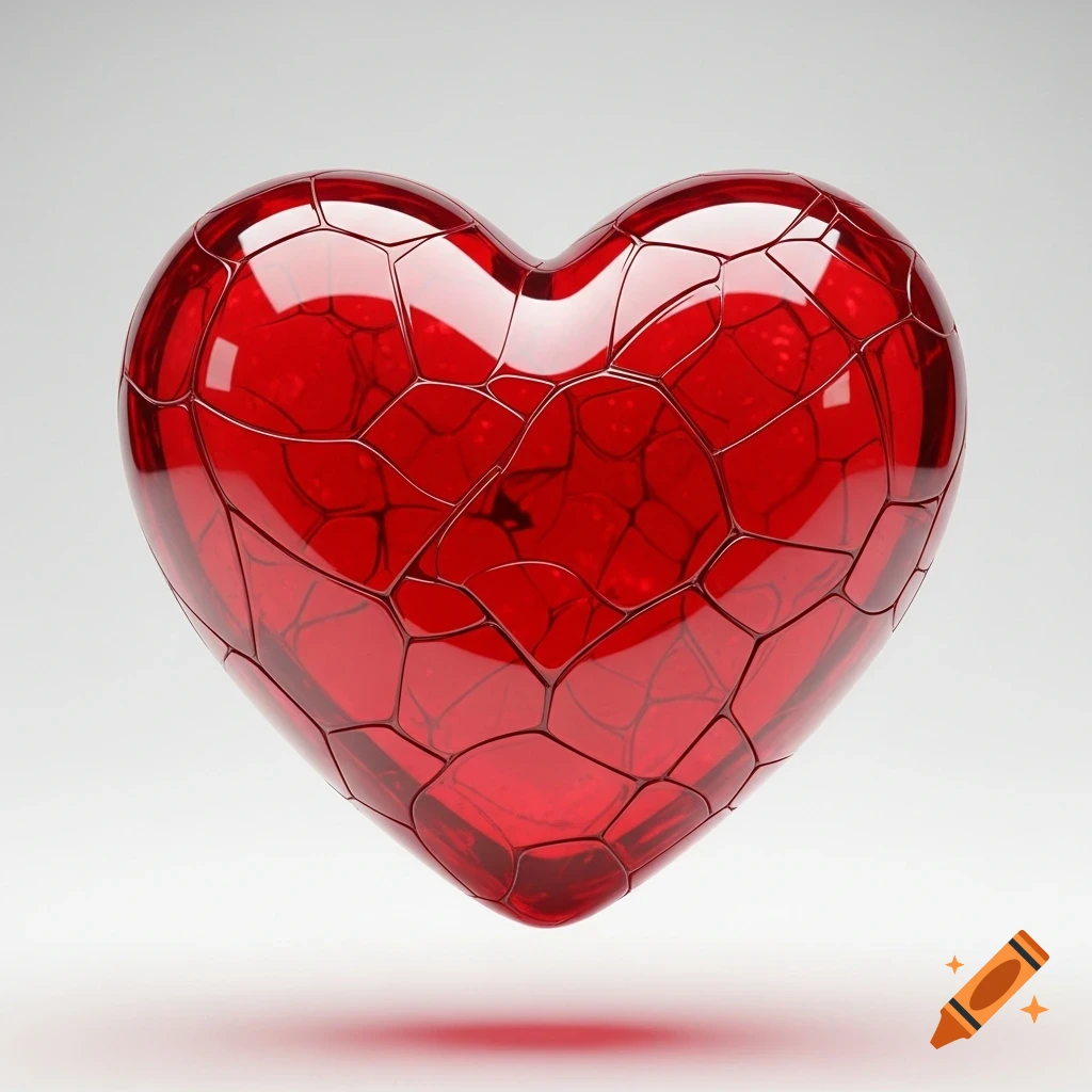 A shiny, translucent red heart with a cracked, segmented surface, casting a subtle red glow on a light background.