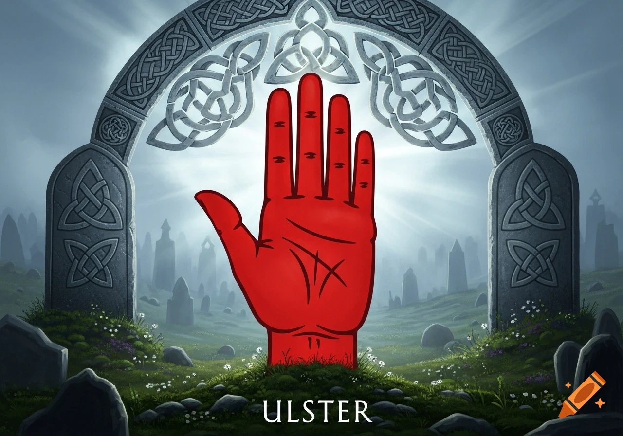 A stylized red hand emerging from grass, centered under a stone archway with Celtic knot patterns, amidst a misty, ancient landscape. 'ULSTER' is at the bottom.