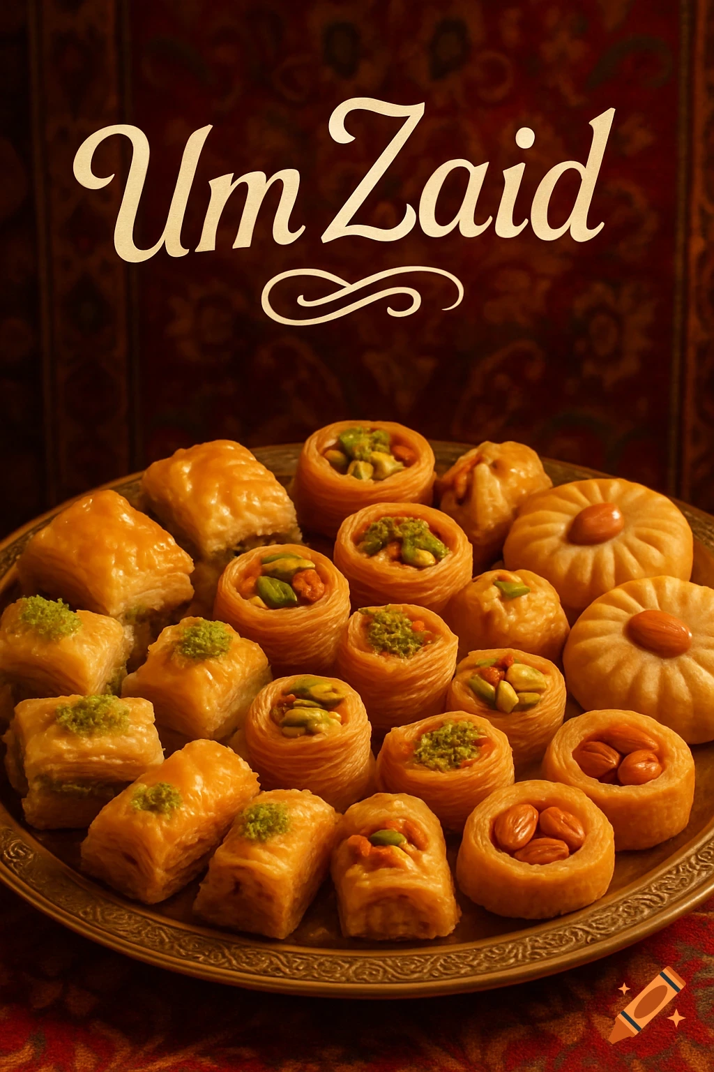 A photorealistic image of a gold platter filled with various Middle Eastern sweets like baklava and ma'amoul, with the text 'Um Zaid' above.