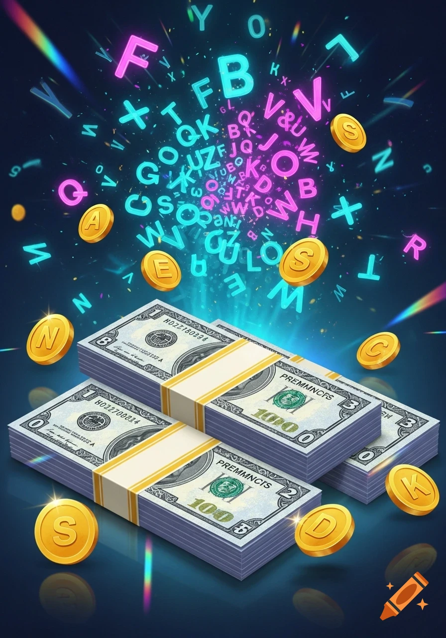 Stacks of dollar bills and golden coins with letters, surrounded by a vibrant burst of glowing, floating letters and numbers on a dark background.