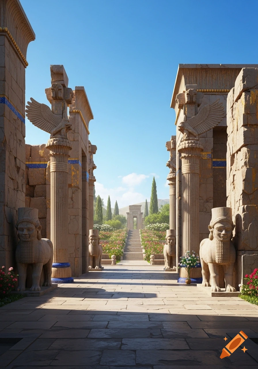 Grand pathway through an ancient Persian palace entrance with statues, ornate columns, and colorful gardens under a clear blue sky.