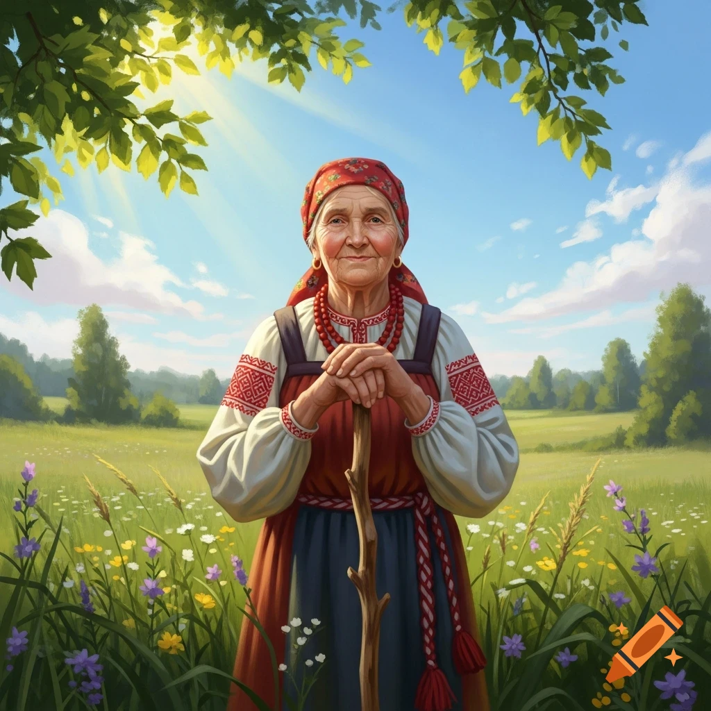 An old woman in traditional folk attire, holding a staff, stands in a vibrant wildflower meadow under a sunny blue sky.