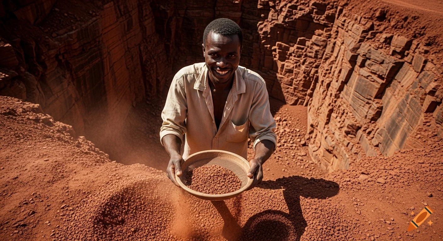 A smiling man sifting red dirt in a dramatic open-pit mine, looking up at the viewer. Photorealistic.