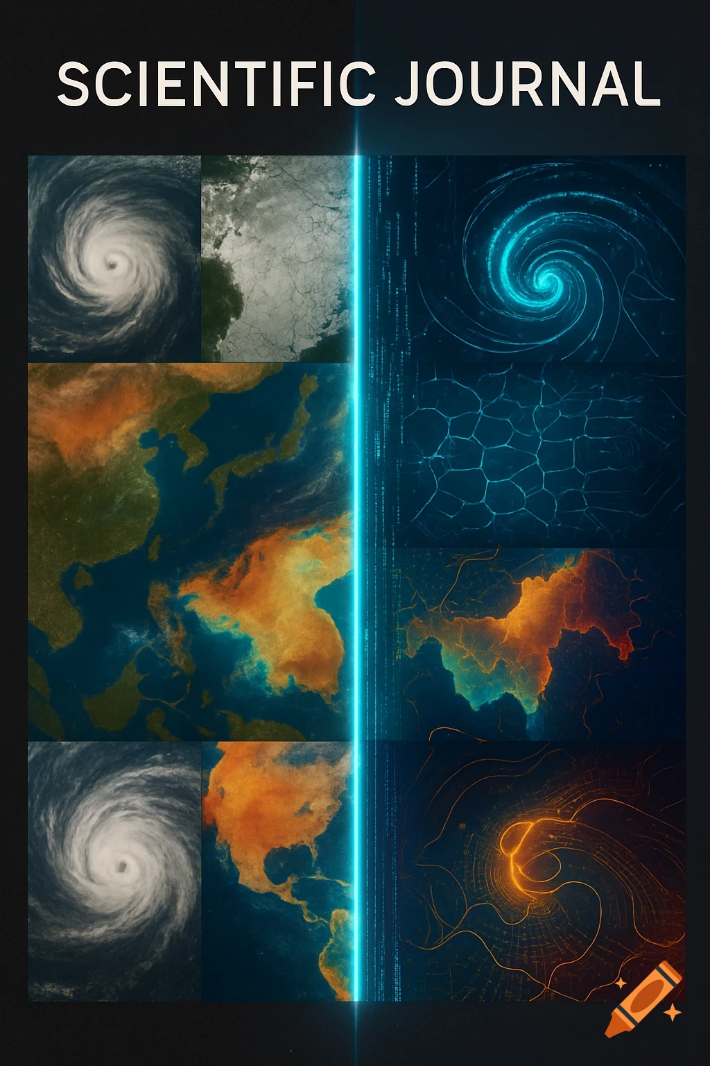 A split scientific journal cover showing Earth data like hurricanes and ice on the left, and abstract AI patterns on the right, with a glowing code line.