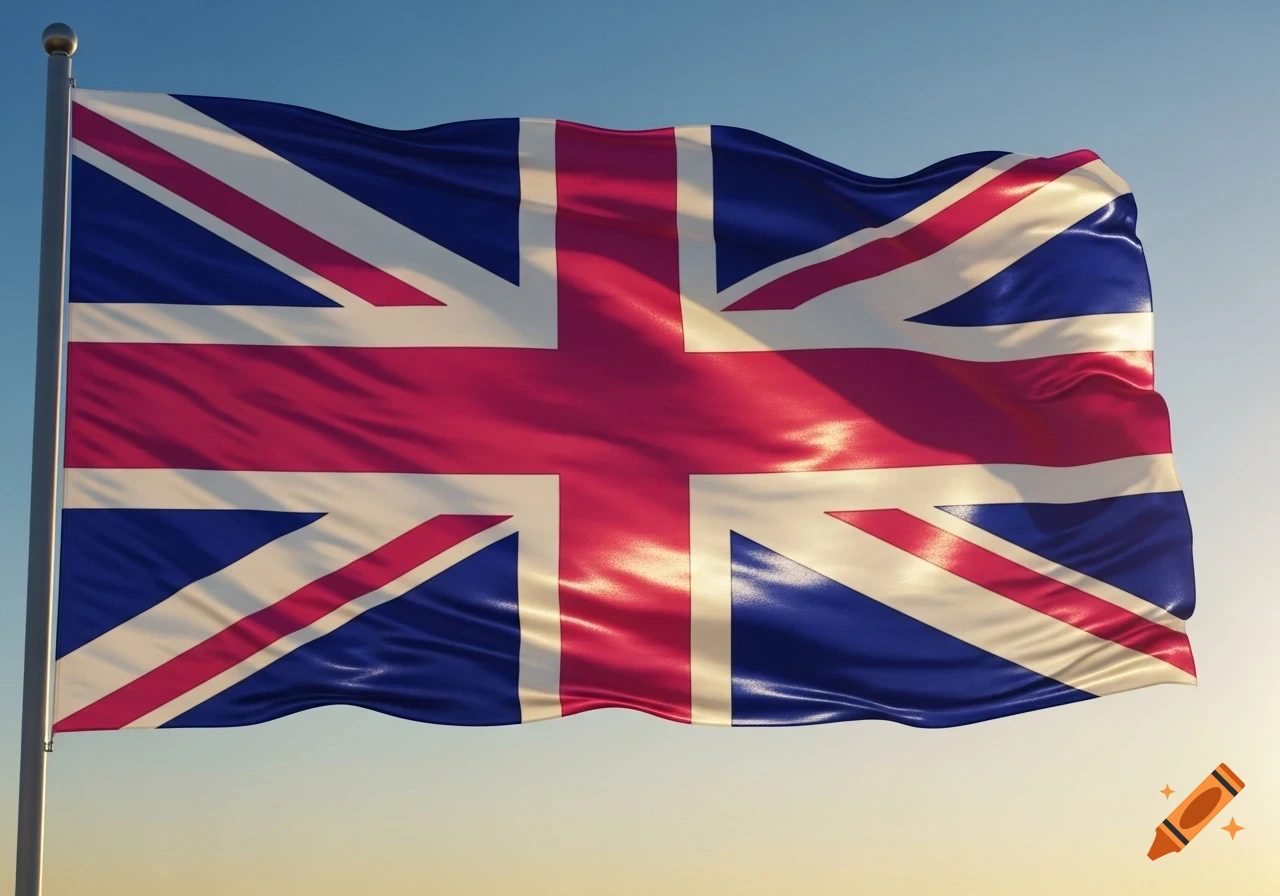 A Union Jack flag with its traditional red, white, and blue colors, waving on a flagpole against a clear sky.
