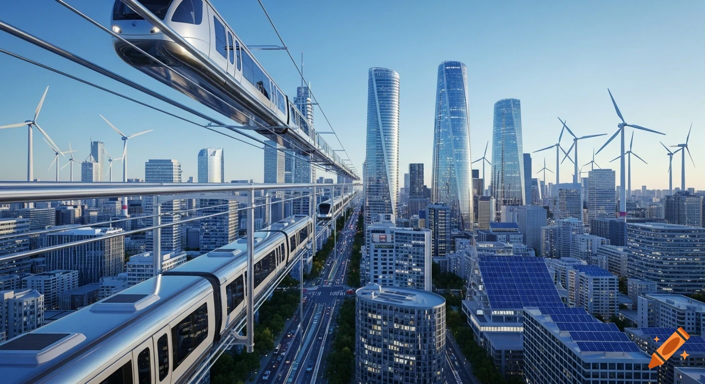 A panoramic view of a futuristic city featuring elevated electric trains, modern skyscrapers, wind turbines, and solar panels.