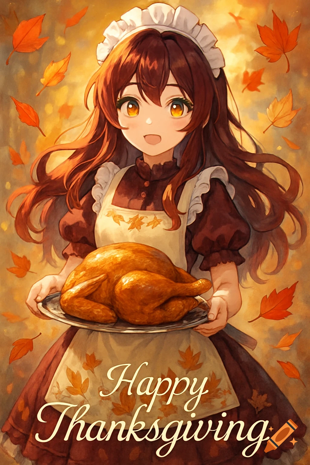 Anime girl in a maid's dress holding a roasted turkey, surrounded by autumn leaves, with 'Happy Thanksgiving' text.