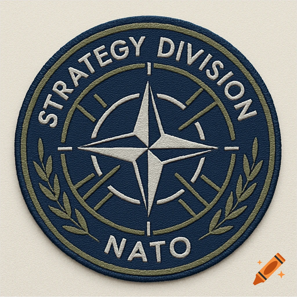 Circular blue embroidered patch for 'STRATEGY DIVISION NATO' featuring a white compass rose and olive branches.