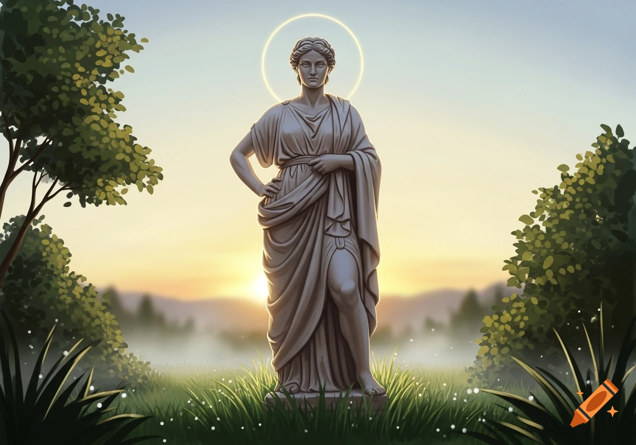 A classical stone statue of a draped woman with a halo stands in a grassy field with trees at sunrise or sunset.