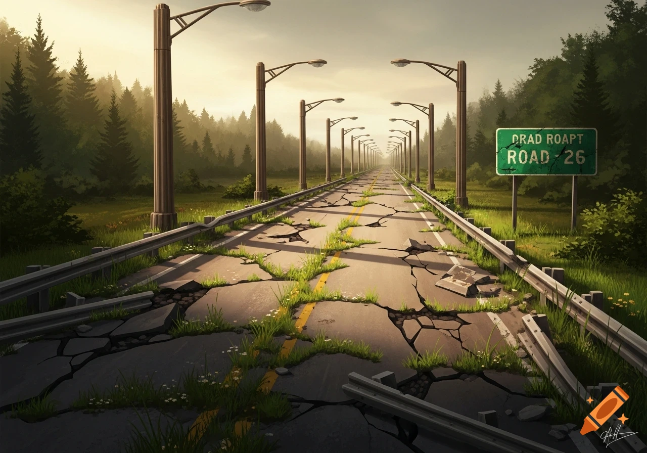 An overgrown, cracked road lined with streetlights and guardrails, leading into a distant forest under a warm sky, with a green sign on the right.