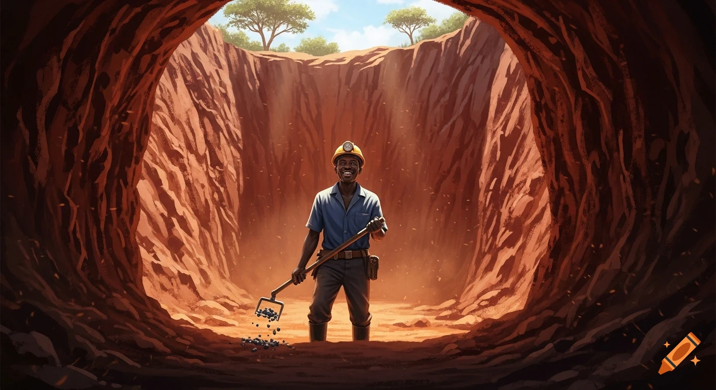 A smiling Black miner in a hard hat holds a shovel with excavated ore in a deep, reddish pit with trees visible at the top, illustrated.