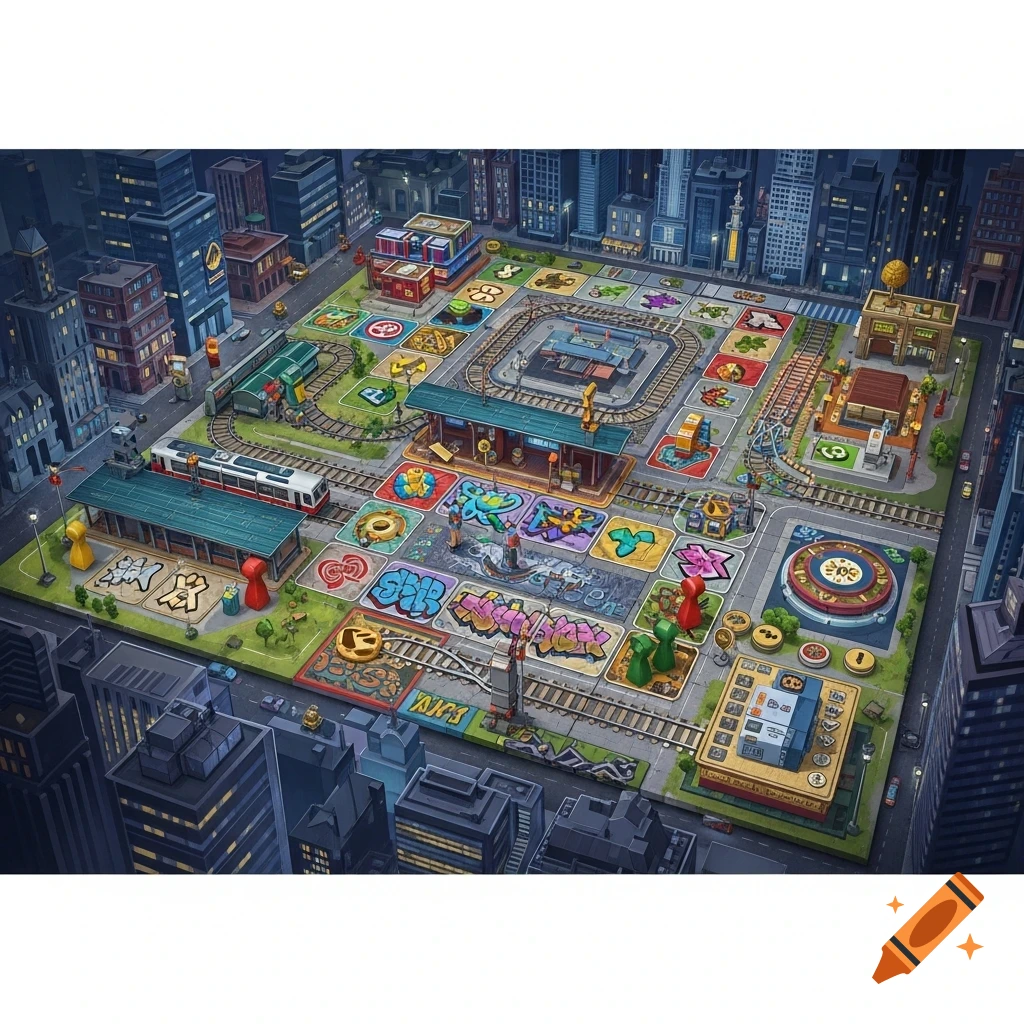 An overhead view of a colorful board game laid out in an urban city landscape with buildings, train tracks, stations, and graffiti-covered squares.