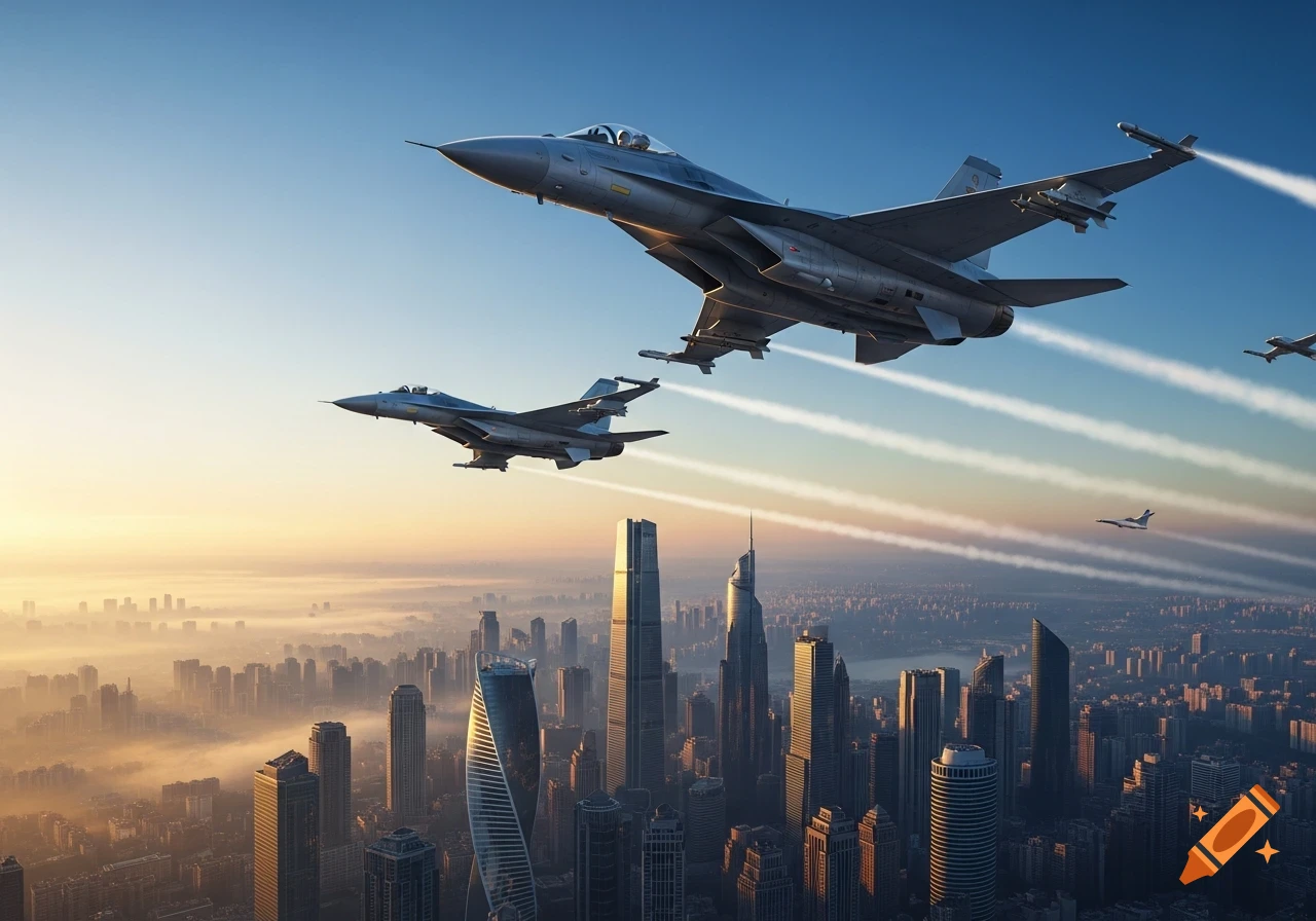 Photorealistic image of two fighter jets flying over a hazy cityscape at dawn.