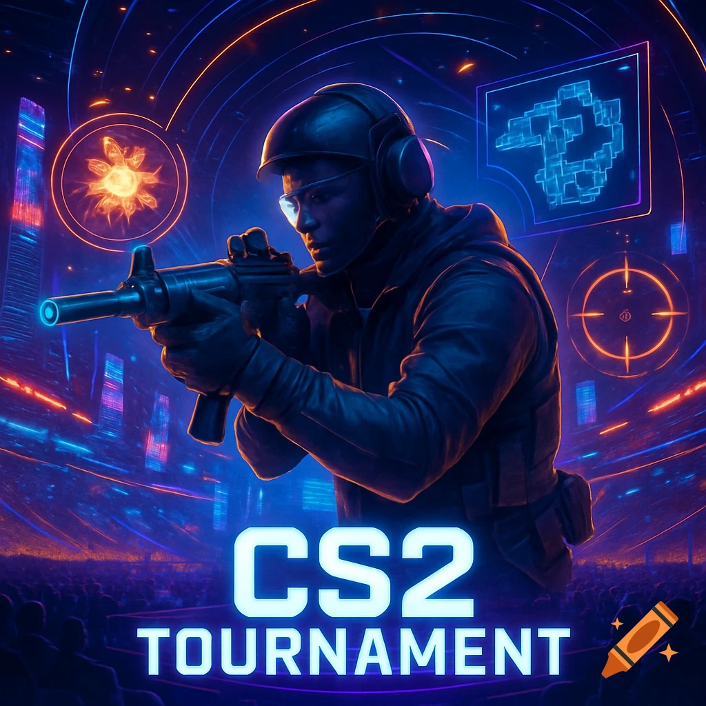 A futuristic digital art image of a soldier in tactical gear holding a rifle, with neon UI elements and 'CS2 TOURNAMENT' text.
