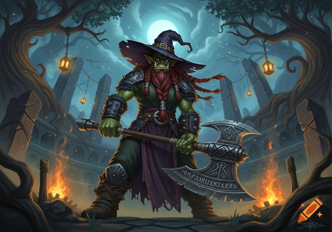 An epic illustration of an orc barbarian witch with a braided red beard and a witch hat, holding a large axe in a moonlit fantasy setting with ancient ruins and fires.