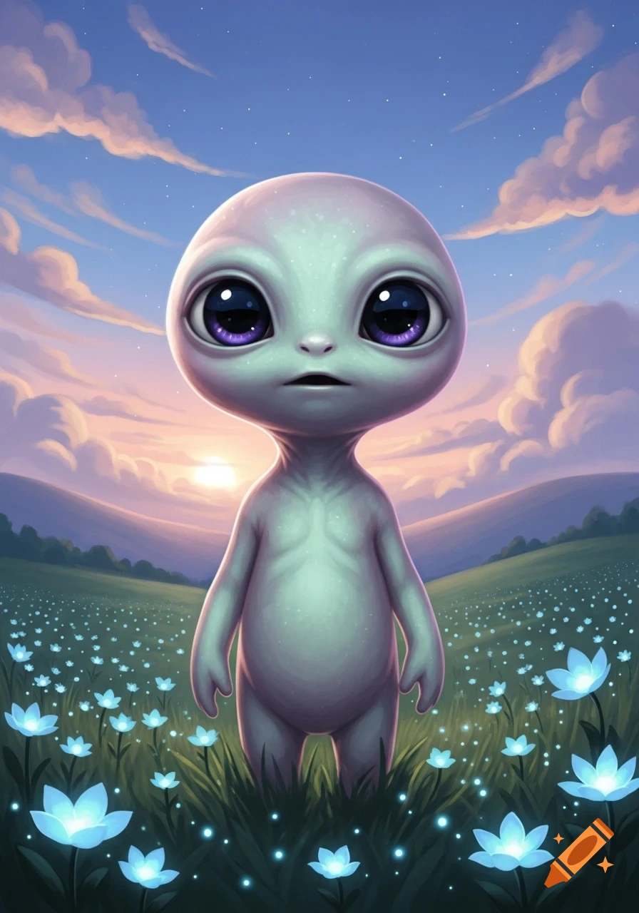 A cute, light purple alien with large dark eyes stands in a field of glowing blue flowers under a sunset sky.