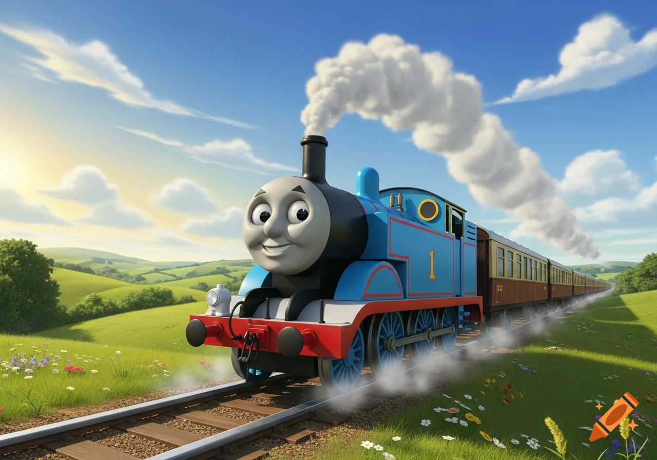 Thomas the Tank Engine smiling, puffing smoke, as he rides on tracks through a lush green countryside with a blue sky.