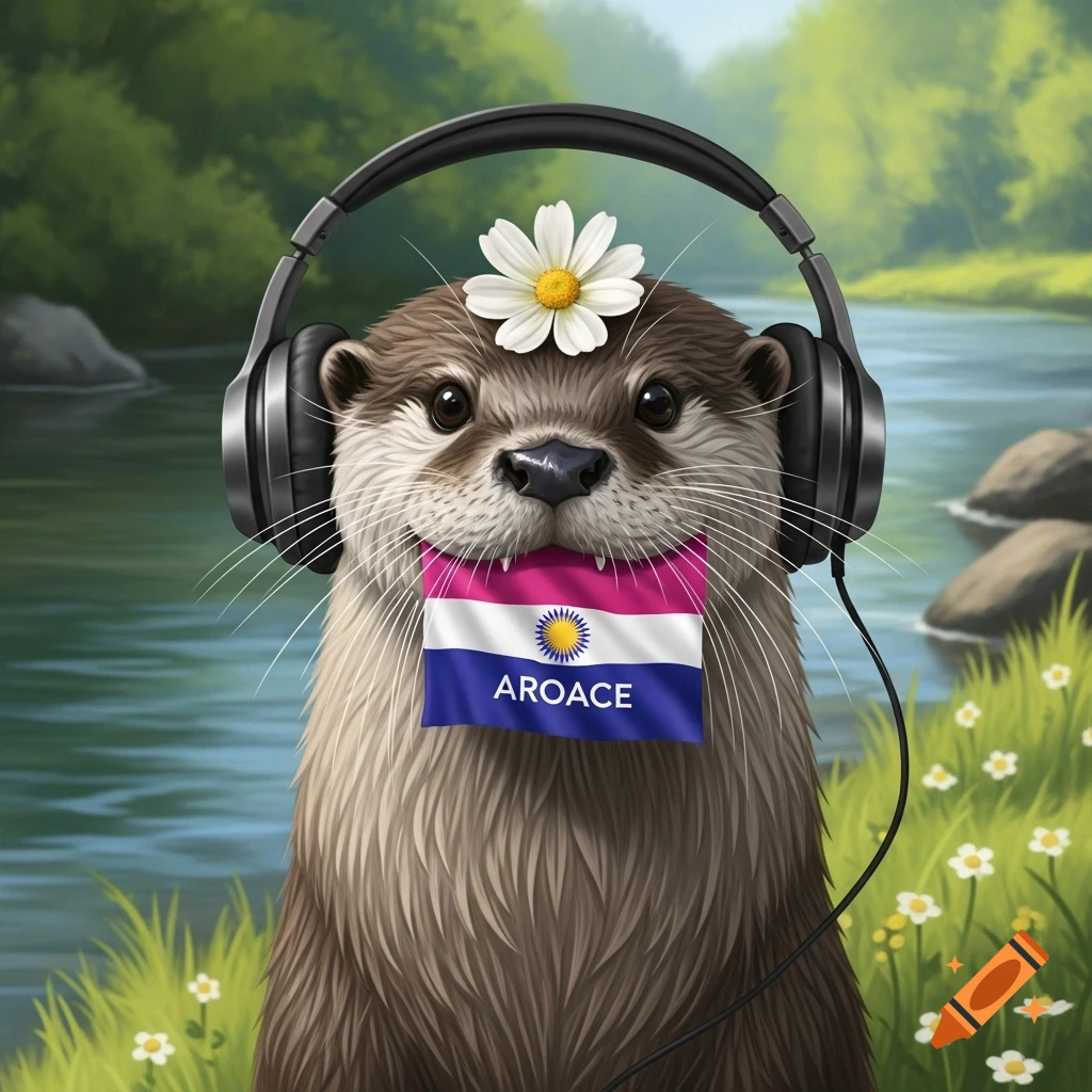 A cute otter with headphones and a daisy on its head holds an Aroace flag in its mouth by a river, painted in a realistic style.