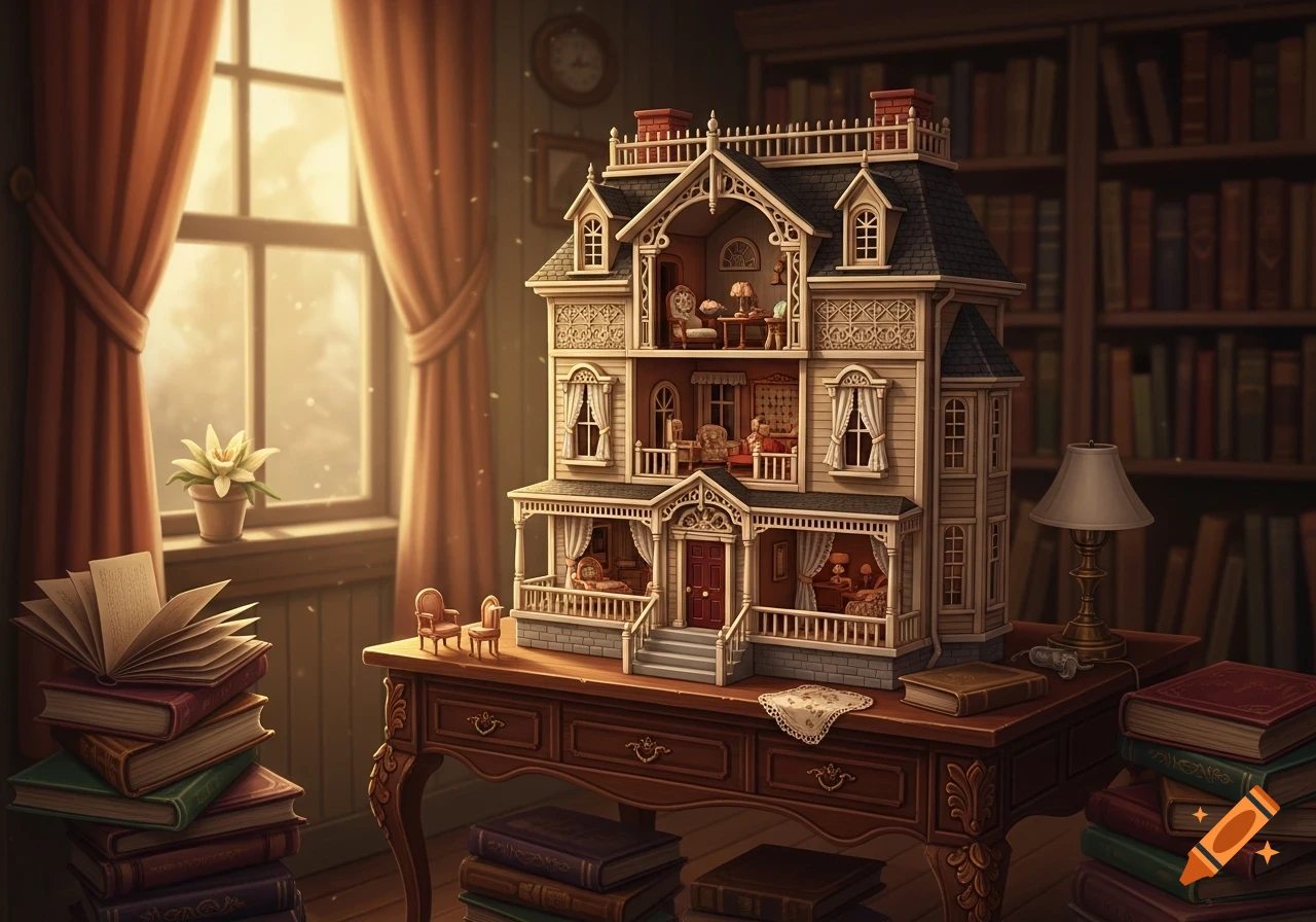 A detailed Victorian dollhouse on a desk, surrounded by stacks of books, in a cozy room with a sunlit window.