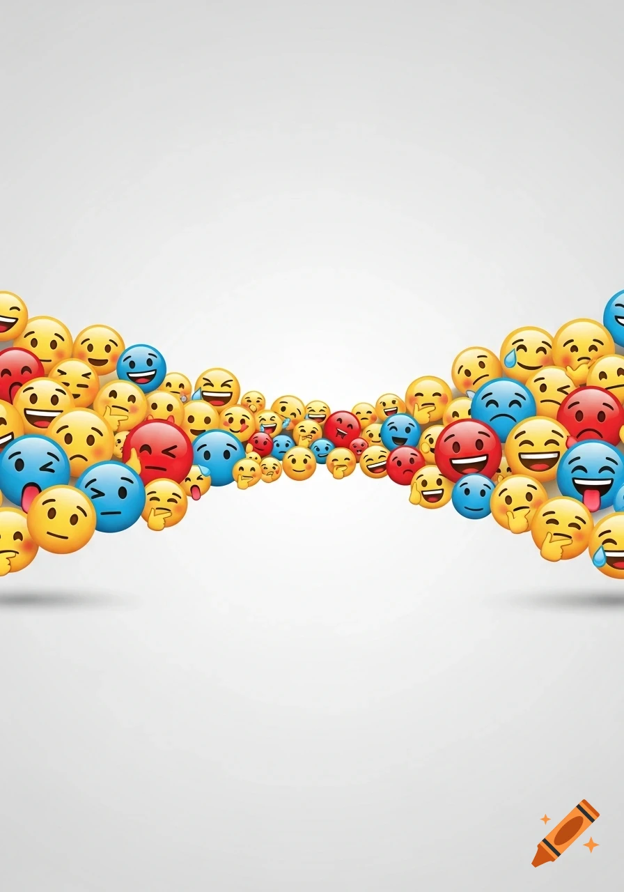 A wave-like pattern of numerous yellow, red, and blue emoji faces with various expressions on a light gray background.