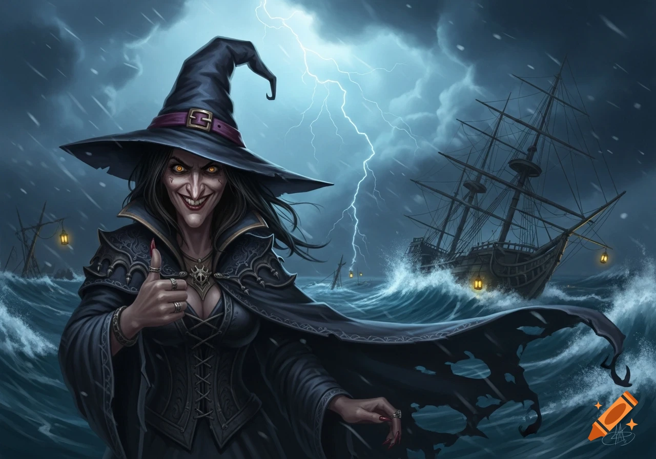 Sinister witch with glowing eyes, grinning and giving a thumbs-up in a stormy sea with lightning and sinking ships.