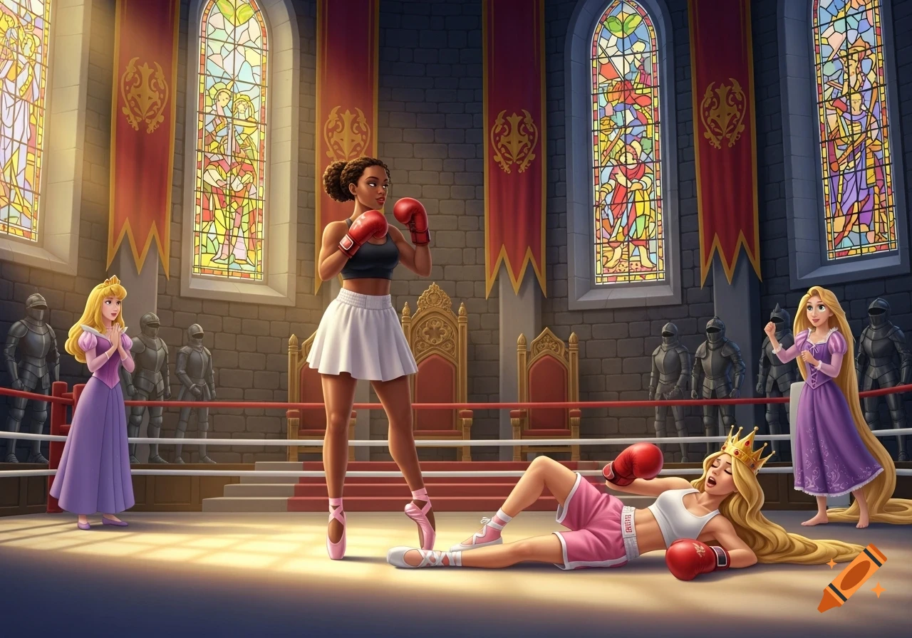 A boxing ring in a medieval castle, a Black female boxer in a white skirt and pink ballet pointe shoes stands over a blonde boxer with a crown lying on the floor. Princess Aurora watches, while Princess Rapunzel cheers.