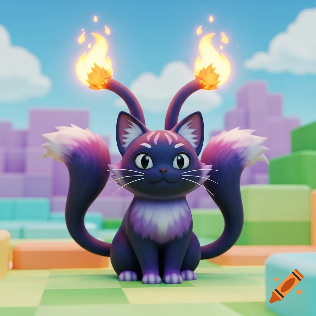 A cute, dark purple and white 3D cartoon cat with two tails ending in flames, sitting on a checkered green and yellow ground in a blocky, colorful landscape.