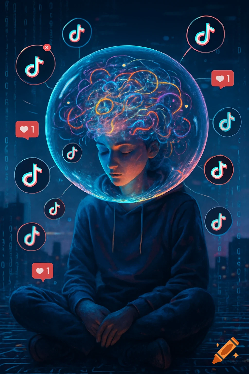 A person with a glowing brain inside a bubble, surrounded by TikTok logos and like icons in a dark, digital cityscape.