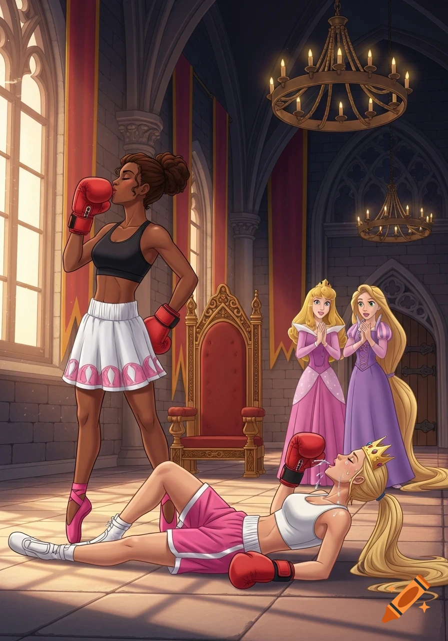 A victorious Black female boxer in ballet shoes kisses her red glove, while a blonde boxer with a crown lies defeated in a castle throne room watched by Princess Aurora and Rapunzel.