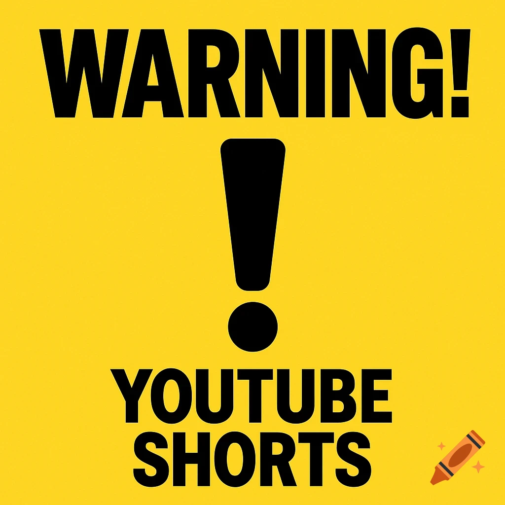 A bright yellow warning sign with a black exclamation mark and bold black text reading 'WARNING! YOUTUBE SHORTS'.