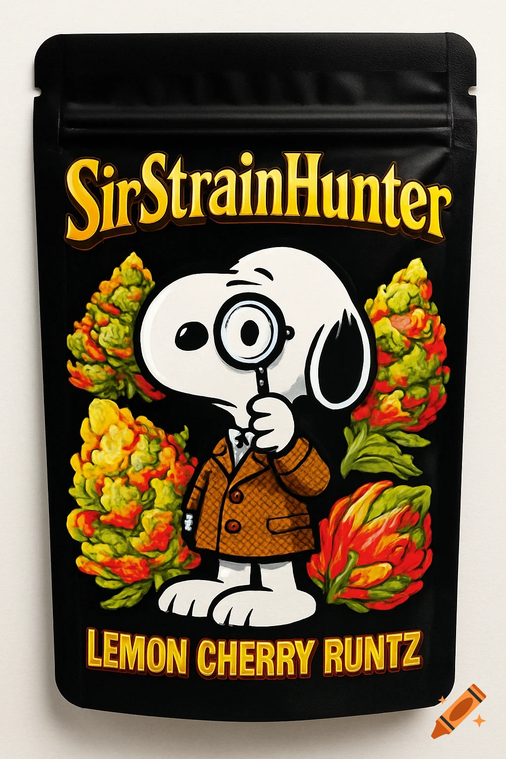 A black Mylar bag features a cartoon Snoopy-like dog detective, cannabis buds, and the text 'SirStrainHunter' and 'LEMON CHERRY RUNTZ'.