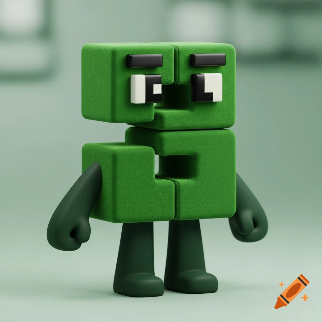 A stylized 3D render of a green block character with square eyes, eyebrows, and dark green limbs, against a light green background.