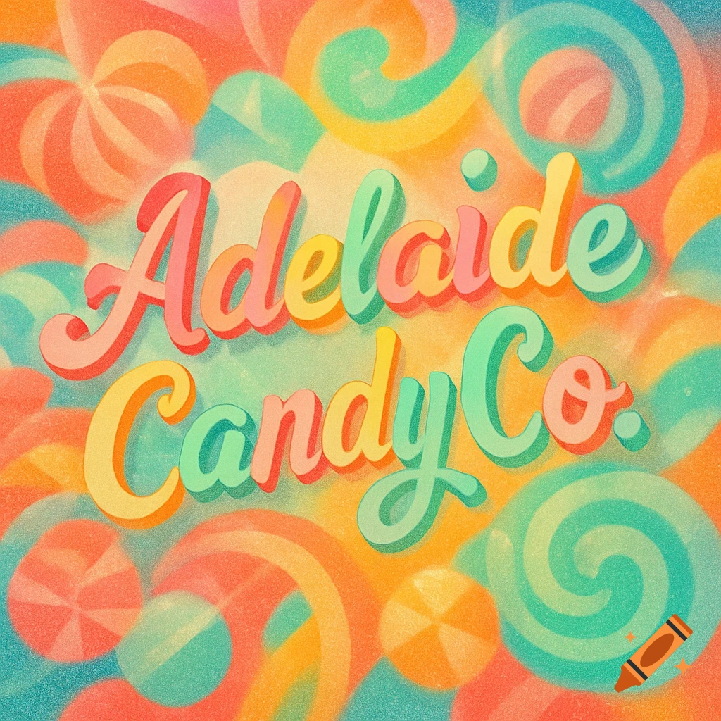 The words "Adelaide Candy Co." in colorful, bubbly letters with a retro texture, on a background of swirling, abstract candy shapes.