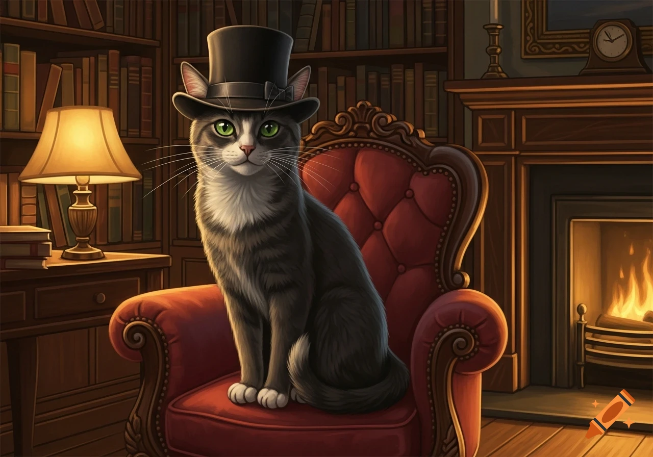 A gray tabby cat wearing a black top hat sits elegantly in a red armchair in a cozy, book-lined study with a lit fireplace.