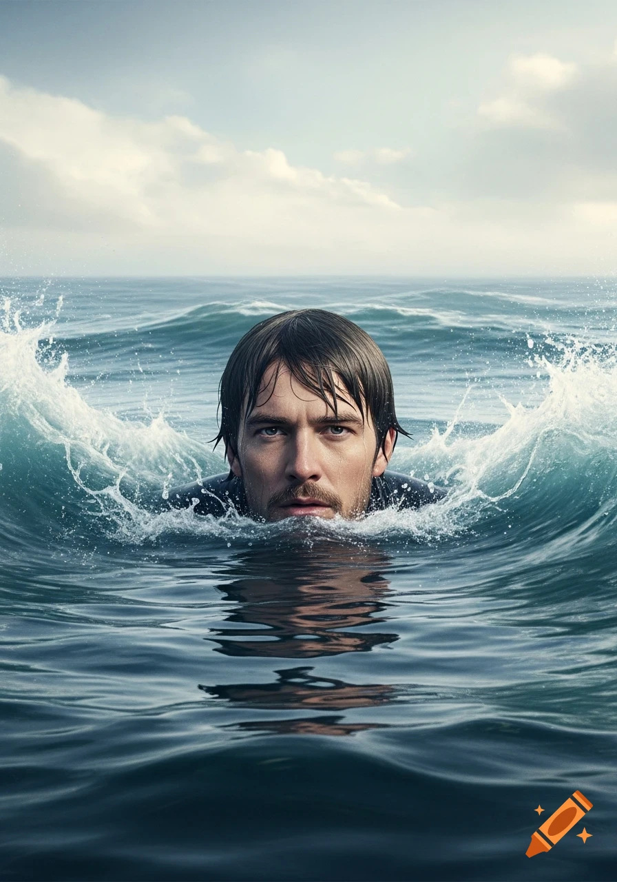 Photorealistic portrait of a man treading water in the ocean, with waves splashing around his head.
