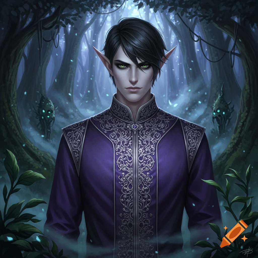 Dark-haired male elf with glowing green eyes in an ornate purple tunic stands in a mystical, blue-hued forest.