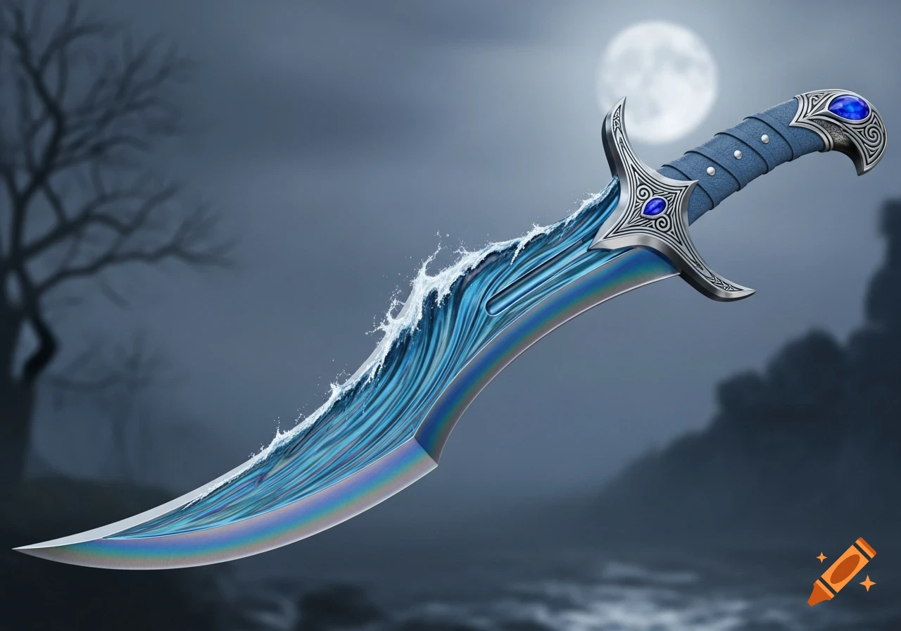 Fantasy scimitar with an iridescent blade shaped like a blue wave, intricate silver hilt with blue gems, against a misty full moon night.