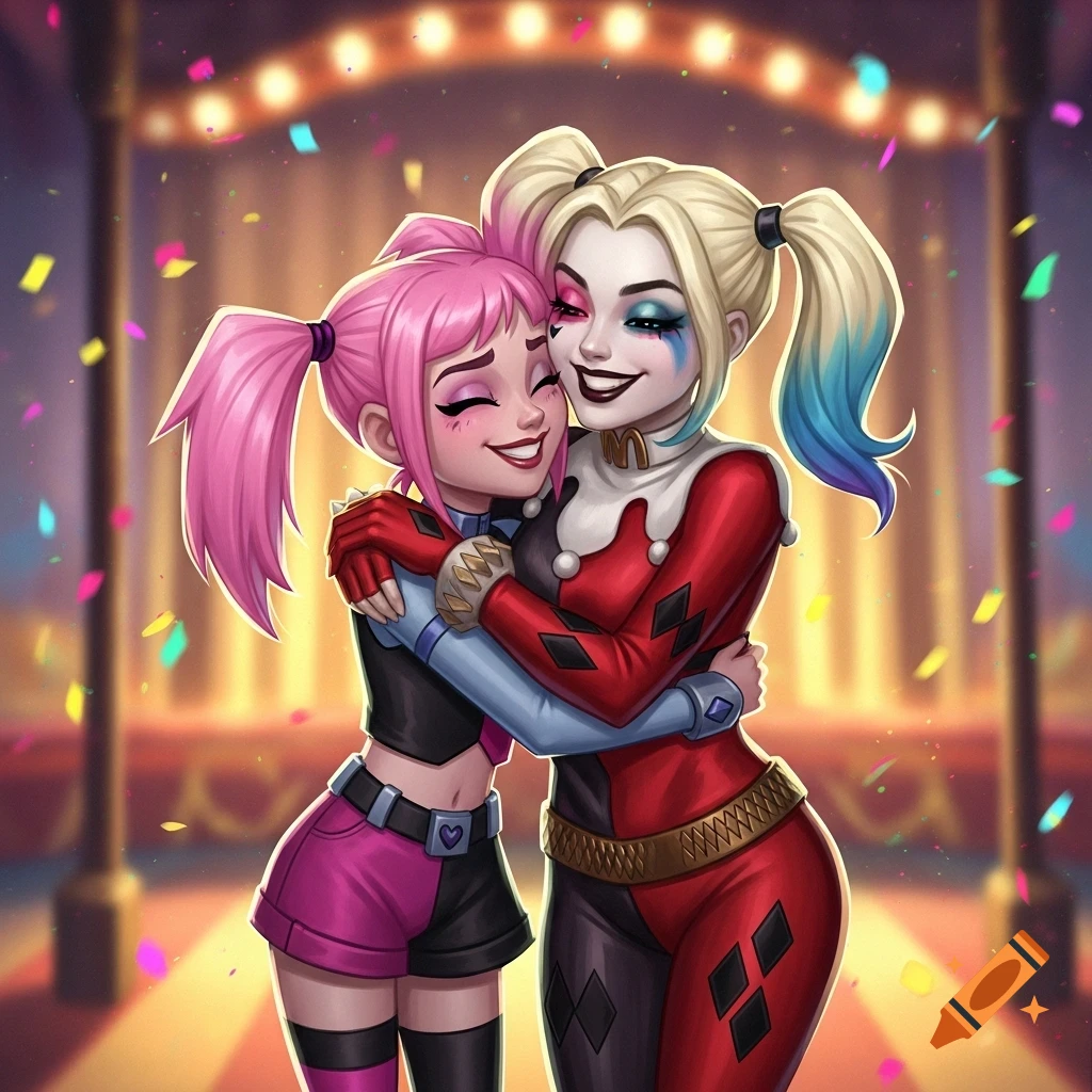 Stylized cartoon art of Harley Quinn hugging a pink-haired girl in a festive carnival setting with confetti.