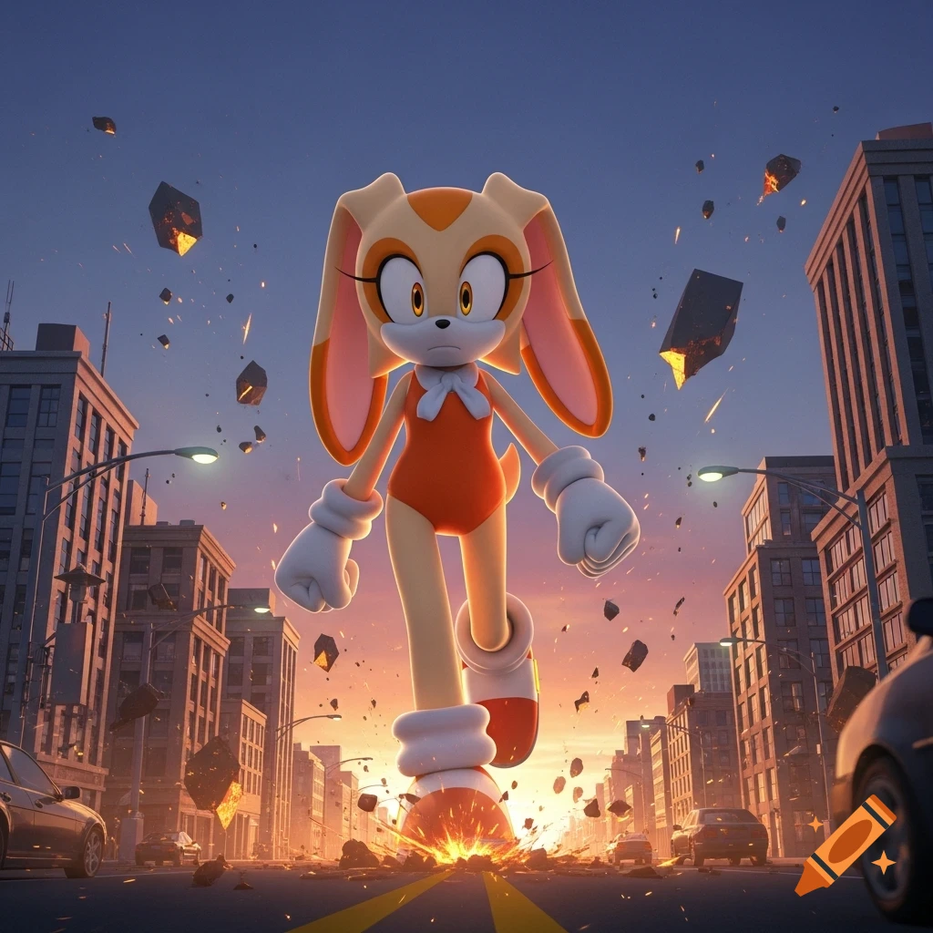 A giant Cream the Rabbit from Sonic, wearing an orange swimsuit, stomps through a devastated city street at sunset with flying debris.
