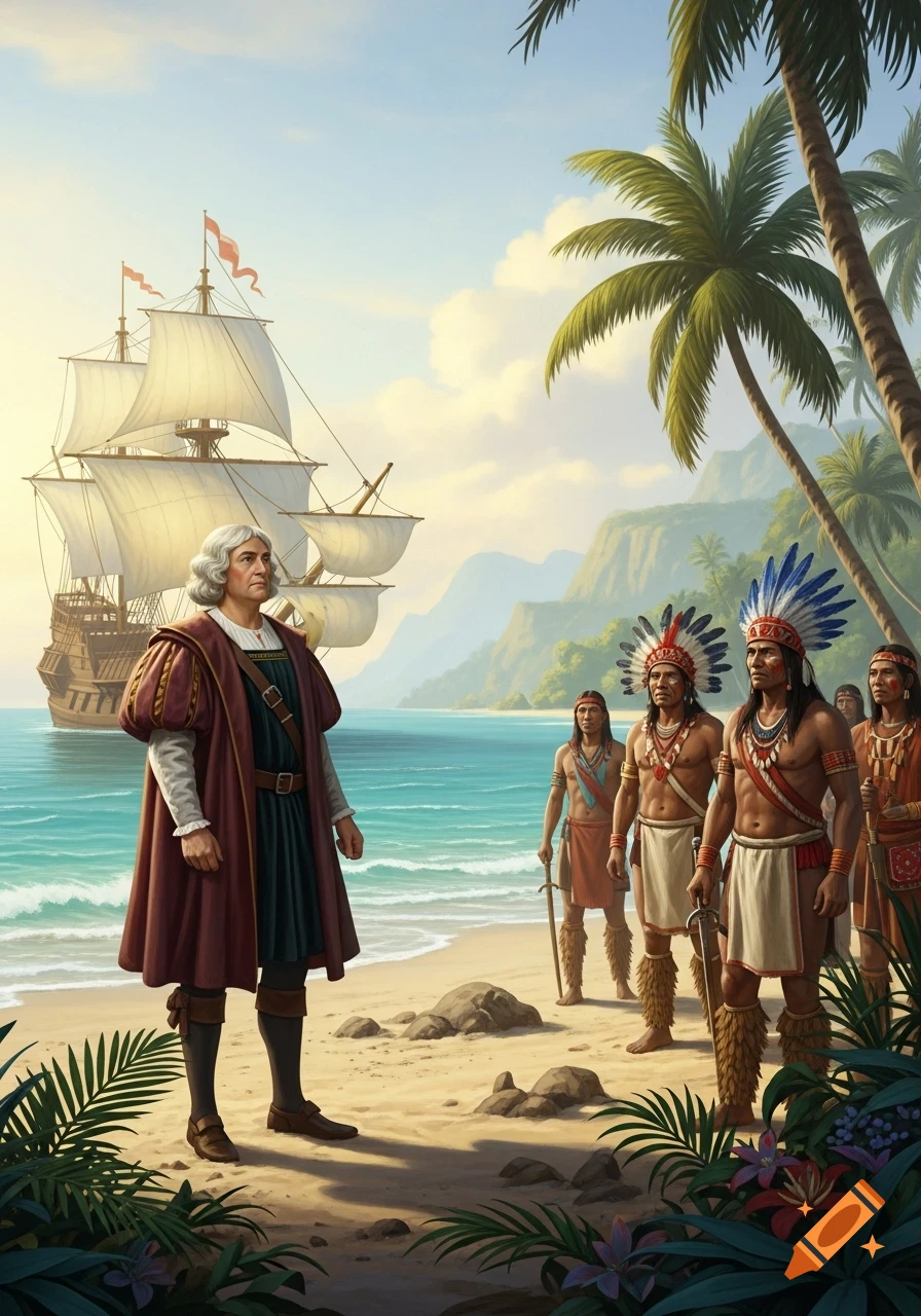 Christopher Columbus stands on a tropical beach, greeting Native Americans, with his tall ship anchored in the background, illustrated.