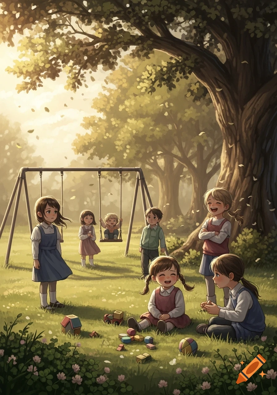 Illustrated children playing in a sunny park with a swing set and toys.