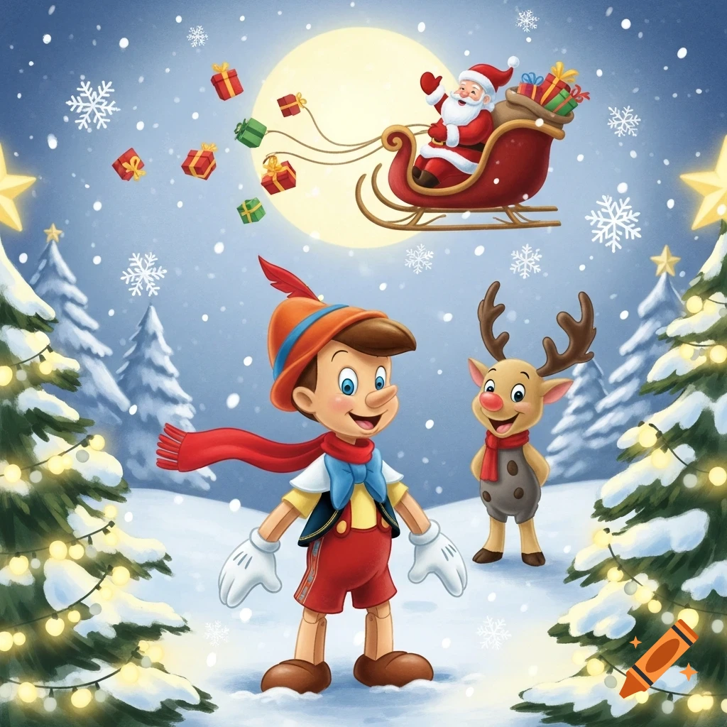Cartoon illustration of Pinocchio and a reindeer in a snowy Christmas scene, with Santa's sleigh flying in the sky.