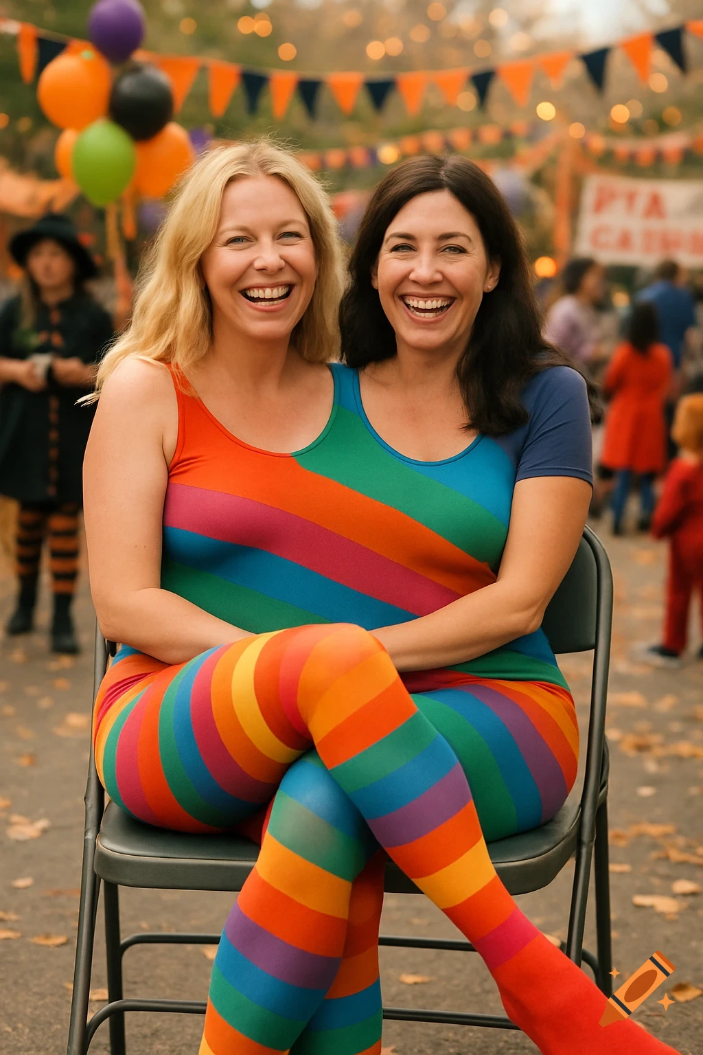 Two smiling women in a rainbow-striped leotard and tights, creating a two-headed illusion, sit at a Halloween carnival.