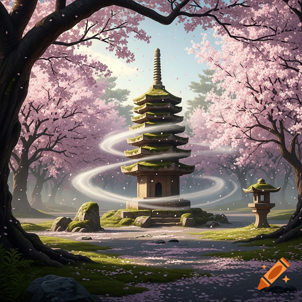 A serene Japanese pagoda surrounded by pink cherry blossom trees with falling petals and a swirling light effect.